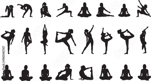 yoga poses and exercise silhouettes flat design vector illustration
