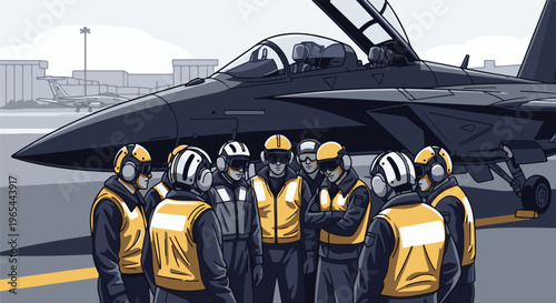 Crew in high-visibility vests stand near a dark fighter jet on an airfield