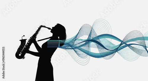 Saxophone player silhouette, music wave, sound wave, musical instrument