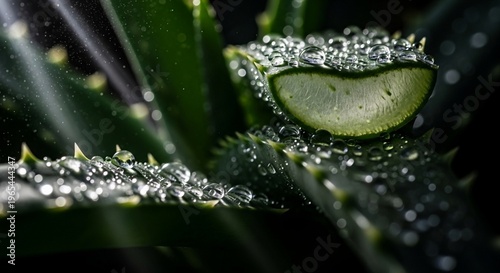 Macro View of Aloe Vera Leaves with Fresh Water Droplets on Dark Background