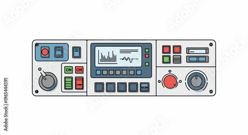 Control panel with multiple buttons, switches, and a digital display showing data