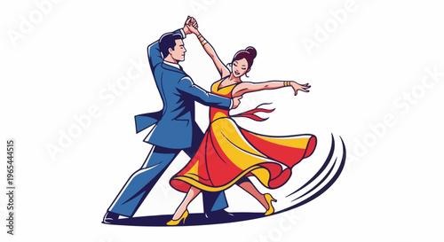 Couple dancing in formal attire with flowing dress and dynamic motion
