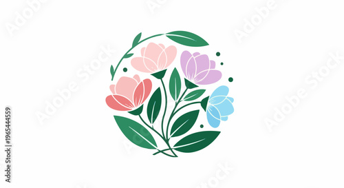 Delicate pastel flowers and leaves arranged in a circular floral design