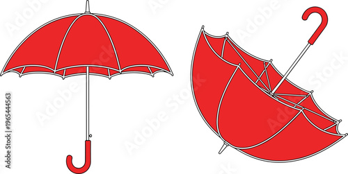 Red umbrellas vector illustration showing open and closed designs, curved handles, canopy details, creative artwork for weather, fashion, and decorative projects