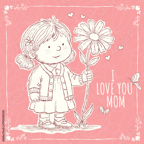 A heartwarming handdrawn  illustration featuring a cute little girl holding a flower with “I Love You Mom” text for Mother’s Day cards, greeting cards, and sentimental designs.