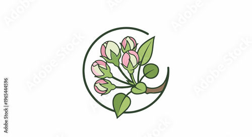 Delicate pink and white buds on a branch within a circular frame