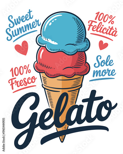 Colorful illustration of gelato ice cream cone with sweet summer text
