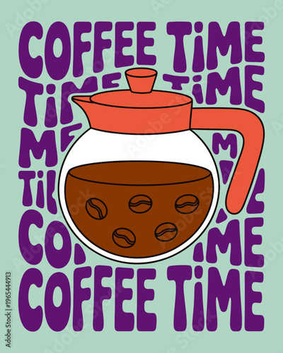 Colorful coffee pot with coffee beans on a mint green background with purple text