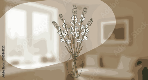 Delicate white flowers in a glass vase against a textured sepia background