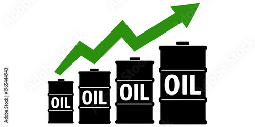 Increasing oil prices concept with green arrow and oil barrels  rising fuel costs
