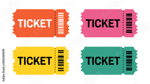 Colorful ticket stubs with barcode on white background for event or travel
