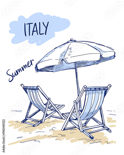 Beach chairs and umbrella on sandy shore in Italy summer vacation spot