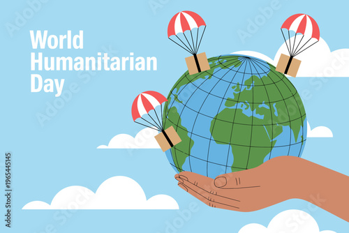 World Humanitarian Day globe with parachutes and helping hand