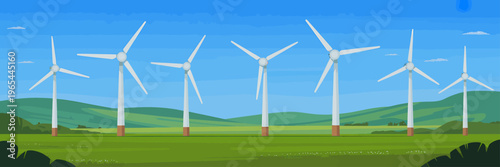 Wind turbines generating renewable energy in a green landscape with rolling hills and blue sky