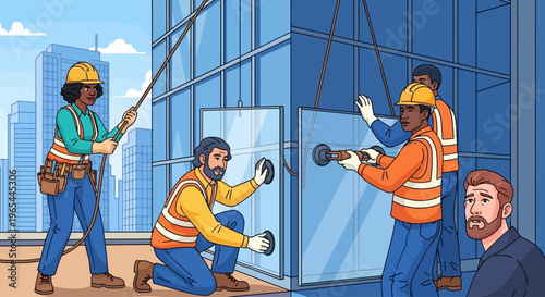 Construction workers installing glass panels on a high-rise building exterior with cityscape