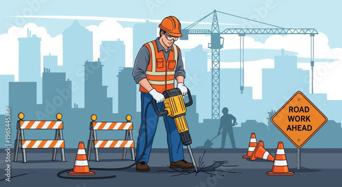 A construction worker operates heavy machinery on a city street with road signs and a crane.