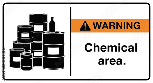 A warning sign displays stacked chemical drums in an industrial area.