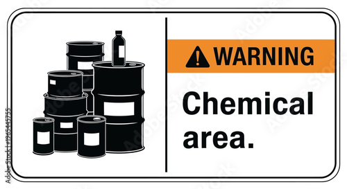 A warning sign depicts stacked industrial chemical barrels in a hazardous area.