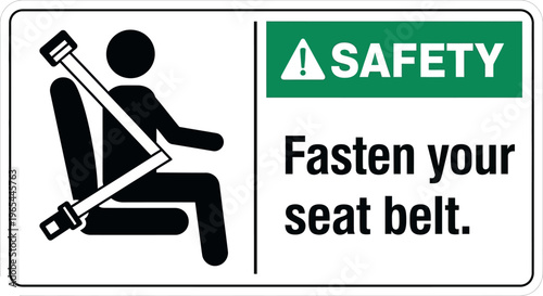 A person is shown sitting in a vehicle seat with a safety belt fastened across their body.