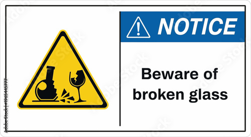 A warning sign displays a broken bottle and glass with a notice.