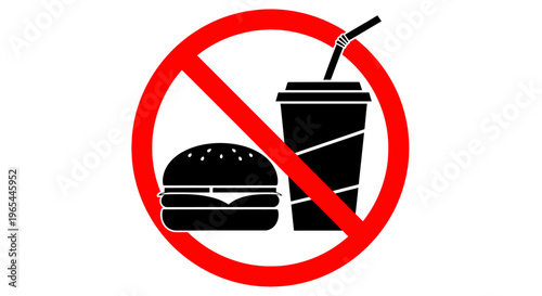 A graphic illustration shows a red prohibition sign over a hamburger and soda cup.