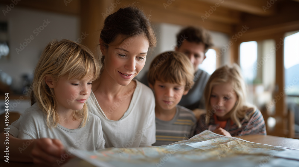 Fototapeta premium Multicultural family gathers around unfolded road atlas planning vacation route, sticky notes marking destinations across state borders on dining table, perfect for travel planning, family bonding, 