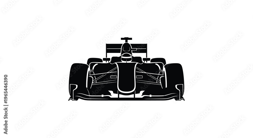 Fototapeta premium A striking black silhouette of a formula one race car viewed from the front highlights its aerodynamic design silhouette