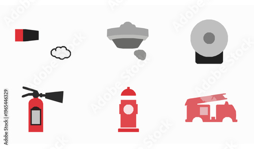 Fire safety vector icon set with extinguishers, alarms, hydrants, and fire trucks