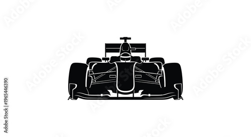 A striking black silhouette of a formula one race car viewed from the front highlights its aerodynamic design silhouette