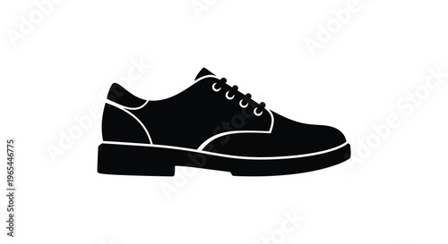 A minimalist depiction of a classic lace up dress shoe shown in a stark black silhouette high quality