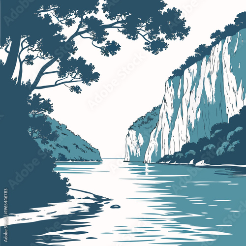 Illustration of a serene river canyon with trees and cliffs on either side