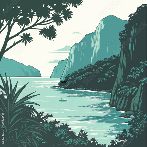 Teal illustration of a serene coastal landscape with cliffs, water, and lush vegetation in a scenic view