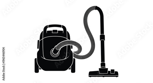 A stark black silhouette depicts a classic canister vacuum cleaner with a curved hose and floor nozzle silhouette