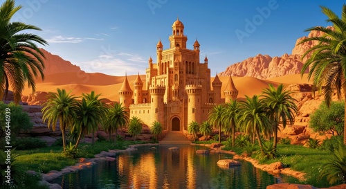 Grand Desert Castle With Oasis and Palm Trees in Middle East