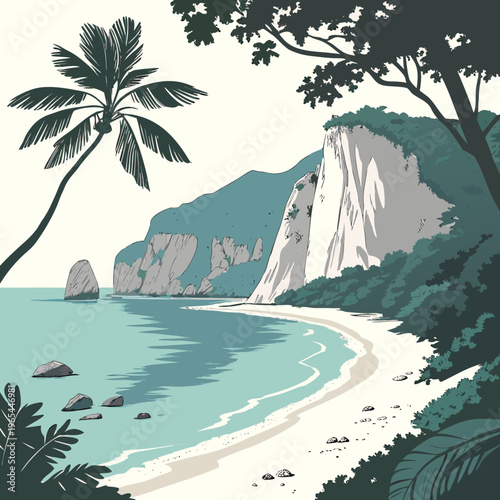 A serene beach scene with a sandy shore, palm trees, and a large cliffside, surrounded by lush greenery and turquoise water