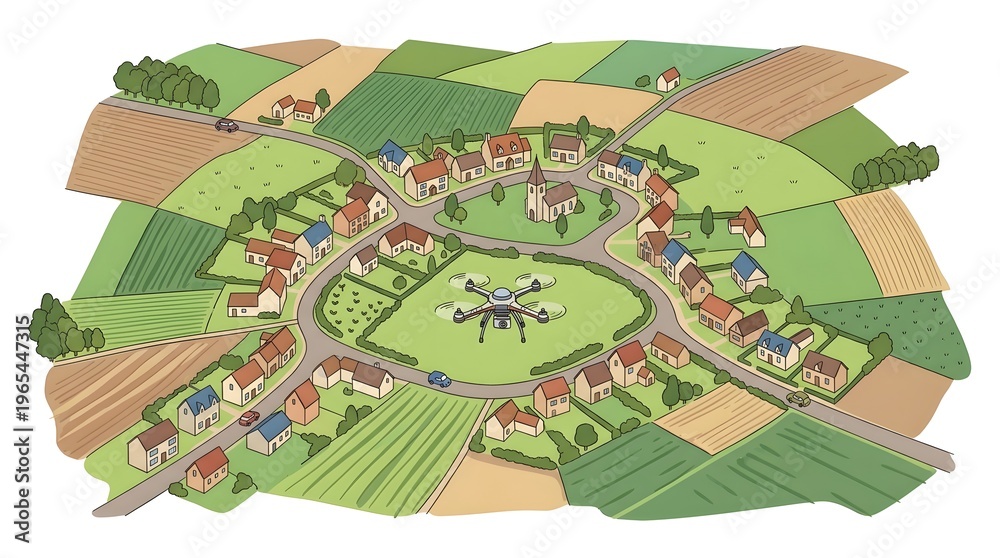 Fototapeta premium Colorful Hand Drawn Aerial Drone Over Village Landscape Scenery Illustration