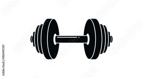 A stark black depiction of a standard barbell with circular weight plates on either side silhouette high quality
