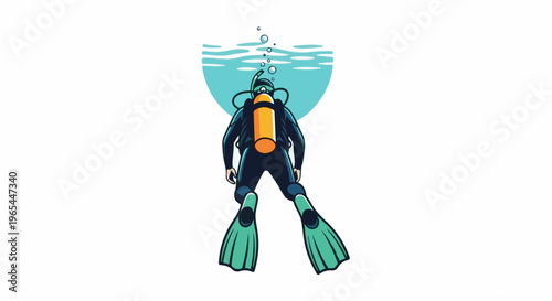 Diver ascending from depths, with bubbles and water surface above