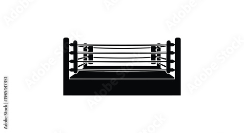 A stark black silhouette of a professional boxing ring with ropes and corner posts isolated on white background silhouette
