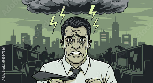 Distressed man in office under stormy, chaotic city skies