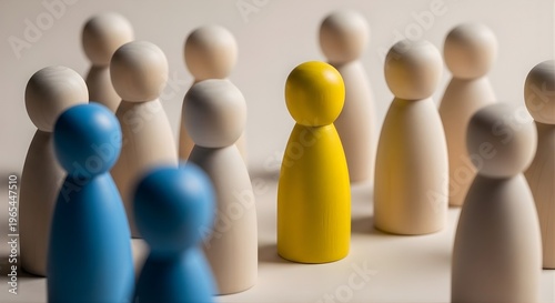 Yellow wooden figurine standing out among group of white and blue human-shaped pawns on light background, concept of leadership, individuality, uniqueness, and distinction