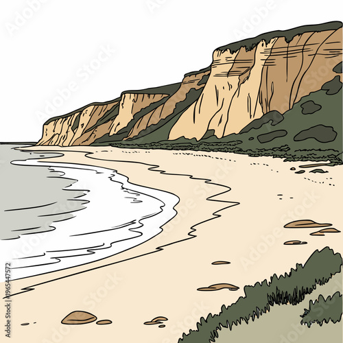 Illustration of a serene beach with a cliffside and ocean waves on a sandy shore with greenery