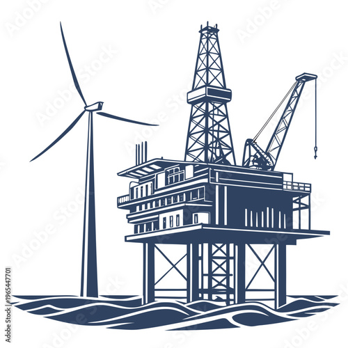 Offshore oil rig platform with wind turbine for energy industry concepts
