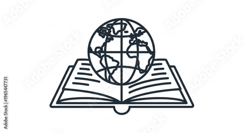 Globe on open book symbolizing global education and knowledge with a black line art style on a white background