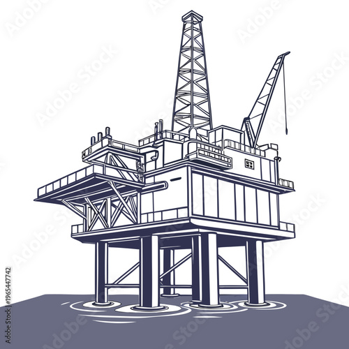 An offshore oil rig platform with a crane and derrick standing in the ocean water for drilling and extraction operations