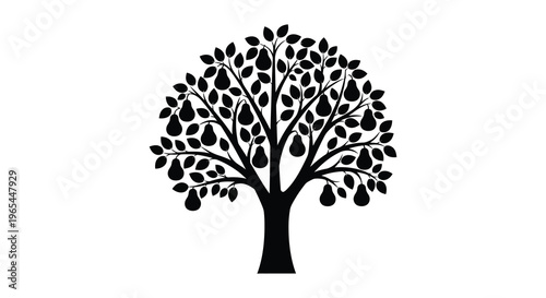 A striking black silhouette of a pear tree with full foliage and a substantial trunk silhouette high quality