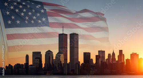 Memorial day tribute honoring fallen heroes on american soil patriotic nyc skyline with american flag at sunset