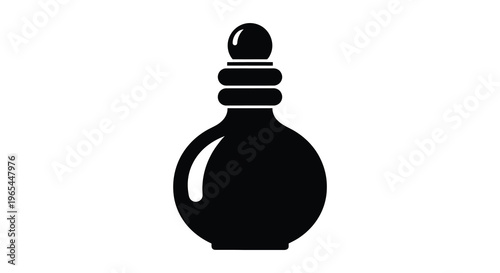 A stark black silhouette of a vintage perfume bottle with an ornate stopper and rounded shape silhouette