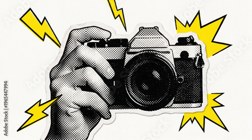 Pop Art Halftone Distressed Hand Holding Camera Sticker Illustration, Worn Retro Photography Camera Icon, Vintage Torn Paper Collage Element, 90s Magazine Style