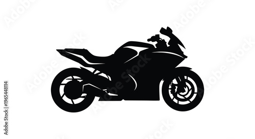 A sleek black silhouette of a modern sportbike is dramatically presented against a plain white background silhouette